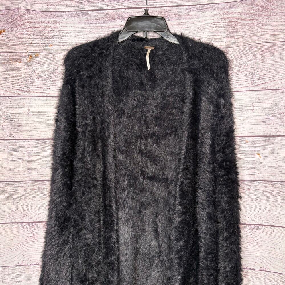 Free People Black Faux Fur Open Front Pocket Plush Cozy Cardigan Sweater Small - Picture 4 of 10